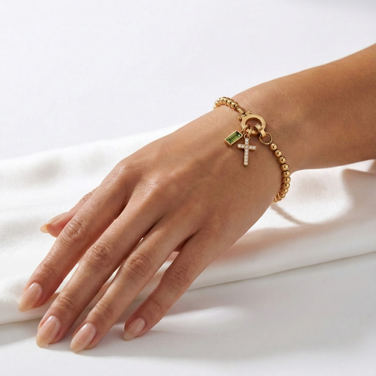 Beaded Birthstone Cross Charm Bracelet