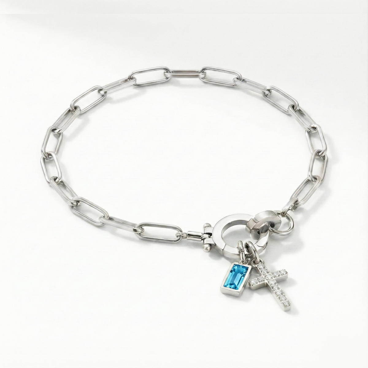 Paperclip Birthstone Cross Charm Bracelet