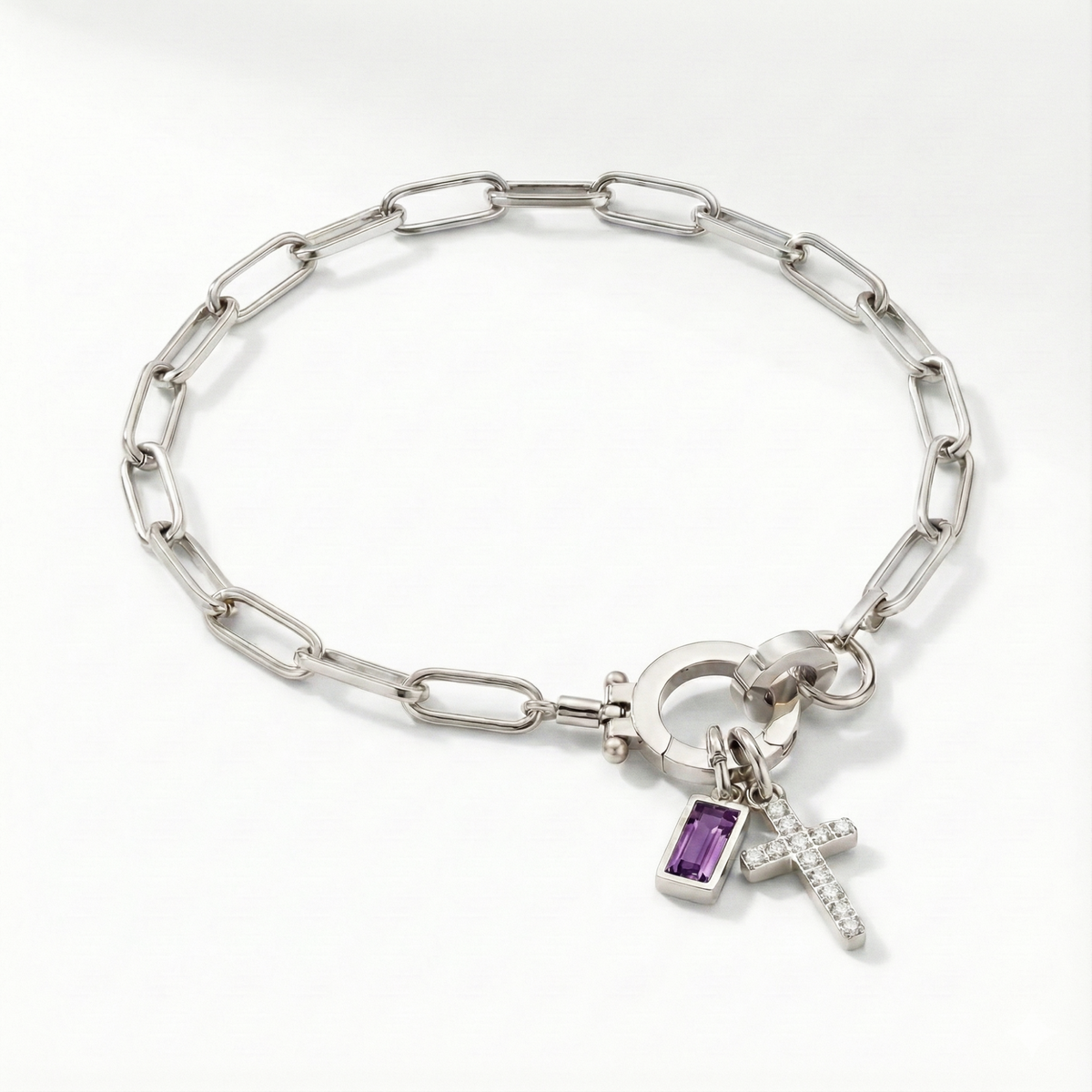 Paperclip Birthstone Cross Charm Bracelet