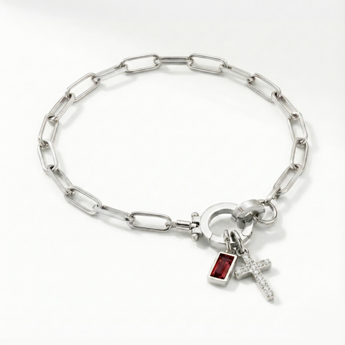 Paperclip Birthstone Cross Charm Bracelet