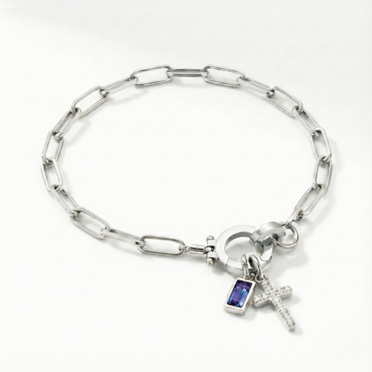 Paperclip Birthstone Cross Charm Bracelet
