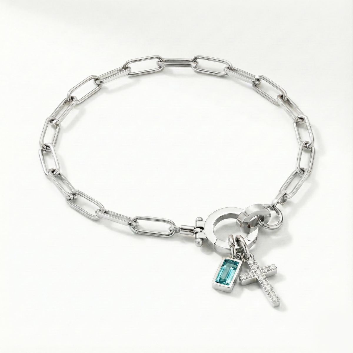 Paperclip Birthstone Cross Charm Bracelet