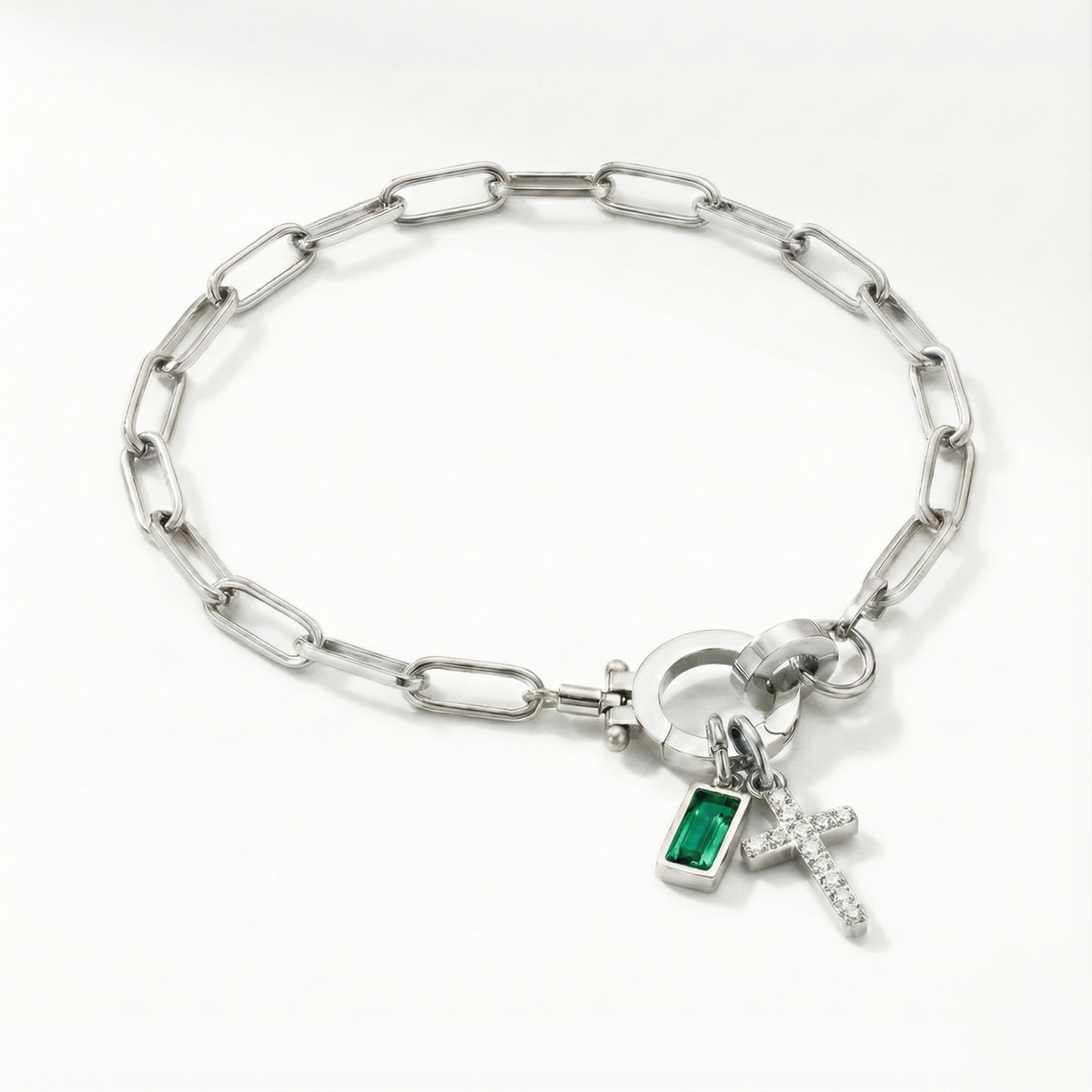 Paperclip Birthstone Cross Charm Bracelet