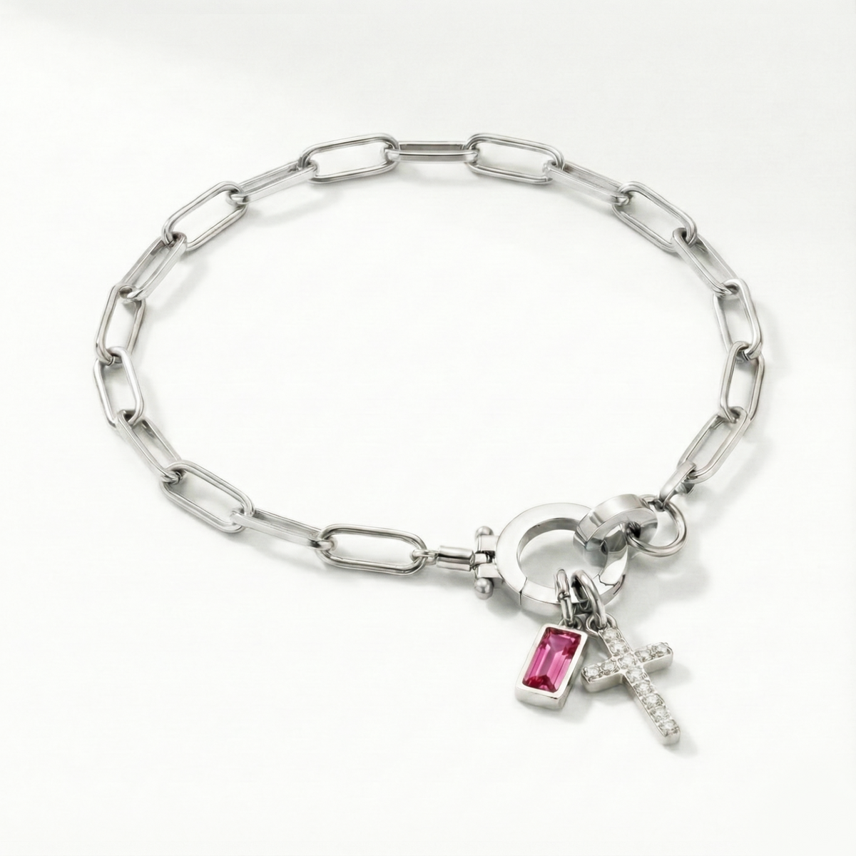 Paperclip Birthstone Cross Charm Bracelet