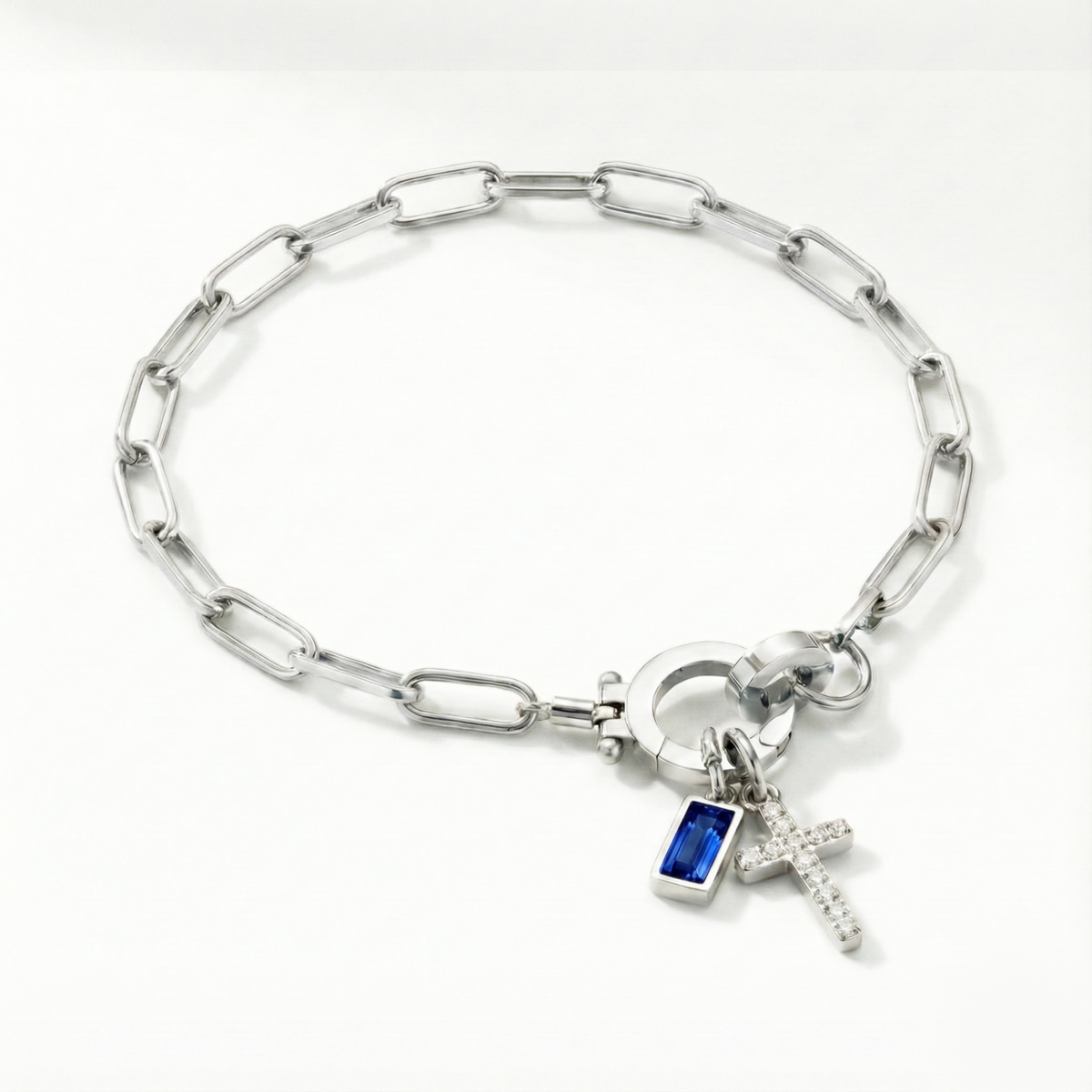 Paperclip Birthstone Cross Charm Bracelet