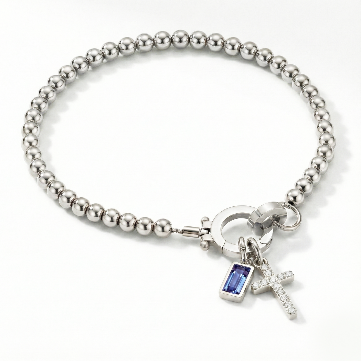 Beaded Birthstone Cross Charm Bracelet